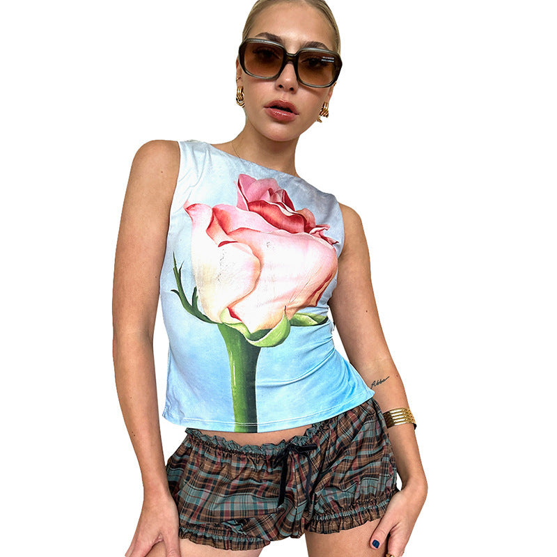 Contrast Color Sleeveless Strap Printing Vest Top
